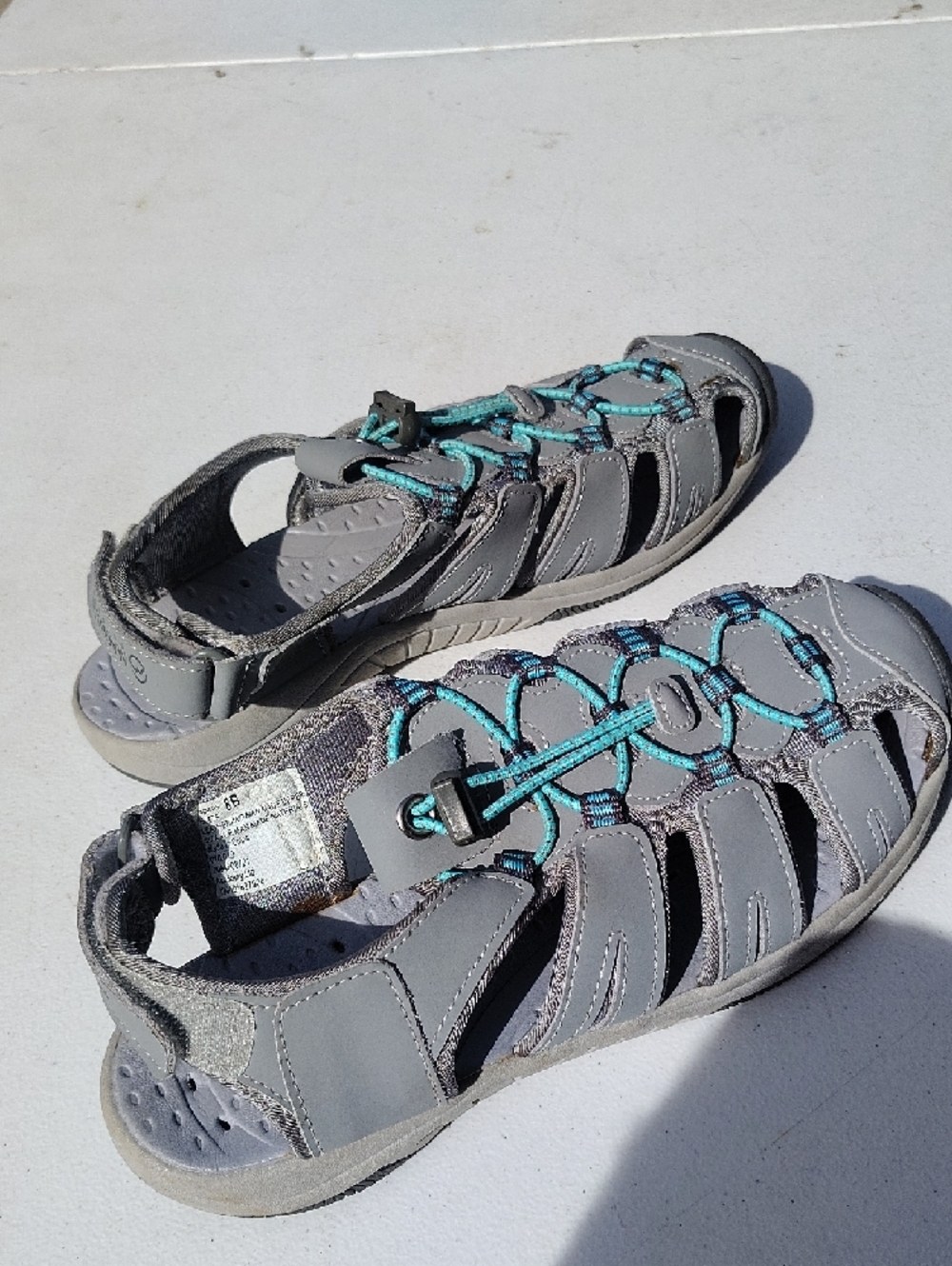 Magellan Outdoors Gray Sandals with Teal Bungee Lacing x12x - Picture 2 of 5
